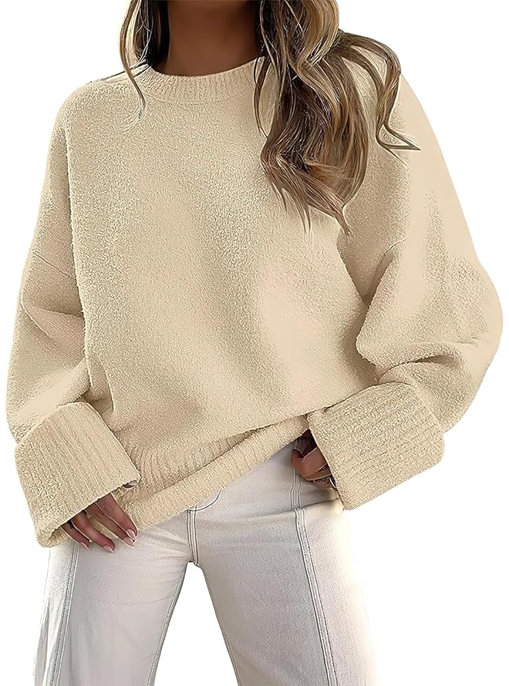 ebossy Women's Fuzzy Chunky Knit Sweater Crewneck Rolled Up